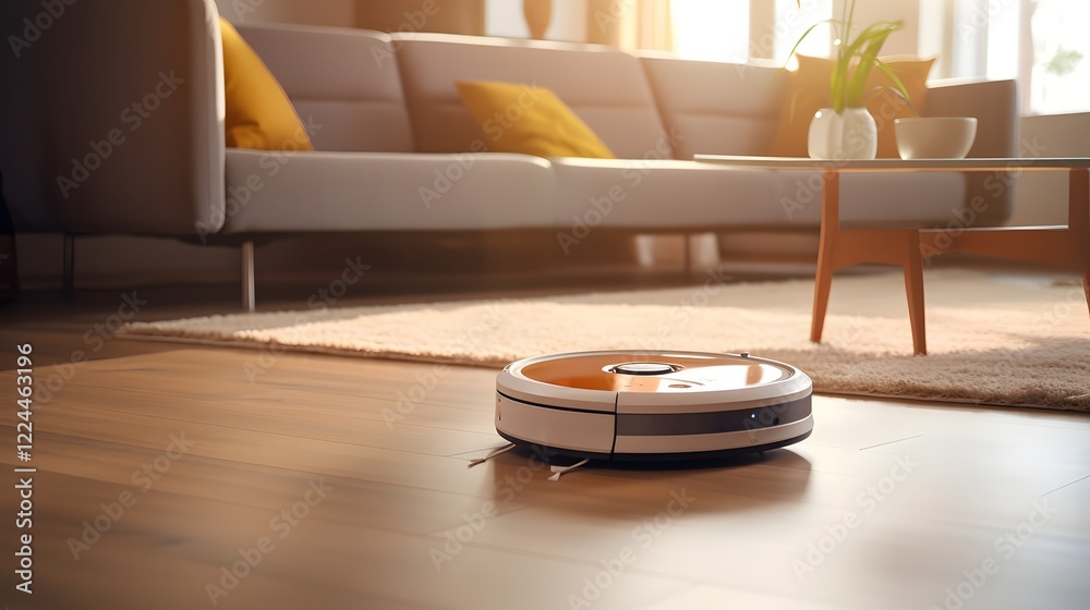 Autonomous robot vacuum cleaner operating independently to clean the floor in a stylish contemporary home interior The smart device uses advanced sensors and navigation technology for efficient Autonomous robot vacuum cleaner operating independently to clean the floor in a stylish contemporary home interior The smart device uses advanced sensors and navigation technology for efficient