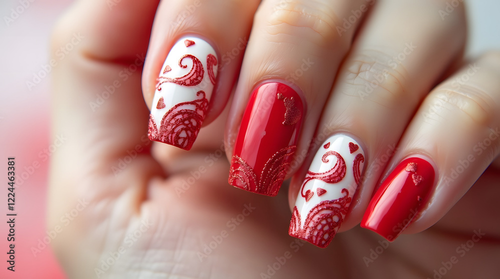 Nail design. Red gel polish and patterns.