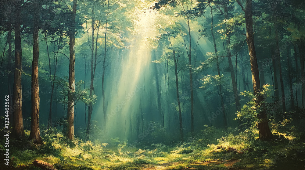 Fototapeta premium Soft sunbeams breaking through the dense forest canopy at dawn