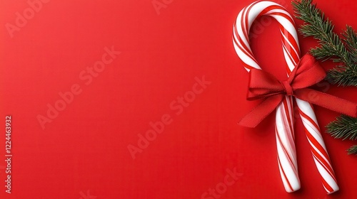 A photostock of festive candy canes tied with decorative bows, arranged creatively on a vivid red background, ideal for Christmas themes. High Quality