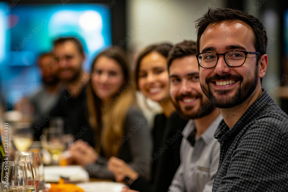 A group of people sitting around a table smiling at the camera A group of people sitting around a table smiling at the camera