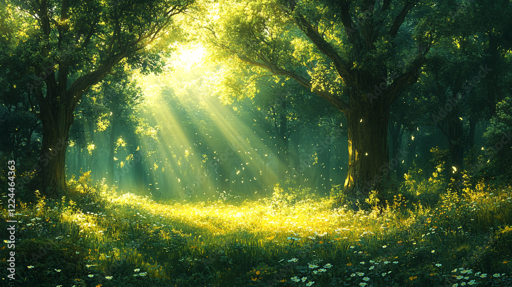 Soft sunbeams breaking through the dense forest canopy at dawn Soft sunbeams breaking through the dense forest canopy at dawn