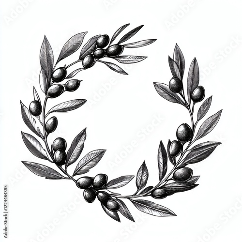 Olive branch wreath design featuring intricate leaves and fruits for decoration or celebration
