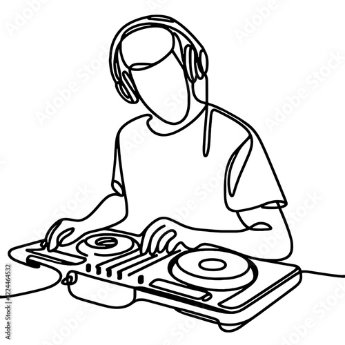 DJ in headphones at the DJ console, vector, black line drawing, minimalistic, single line, simple line, isolated, transparent background