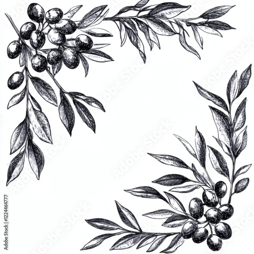 Olive branches with ripe fruits in detailed black and white sketch illustration created for botanical art lovers