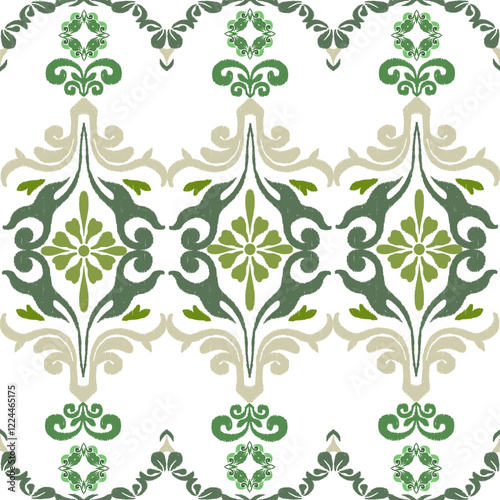 Grey and green floral ikat embroidery seamless background pattern with floral motifs. Design for elaborate borders, carpet, curtains, tiles, blankets, and clothing.