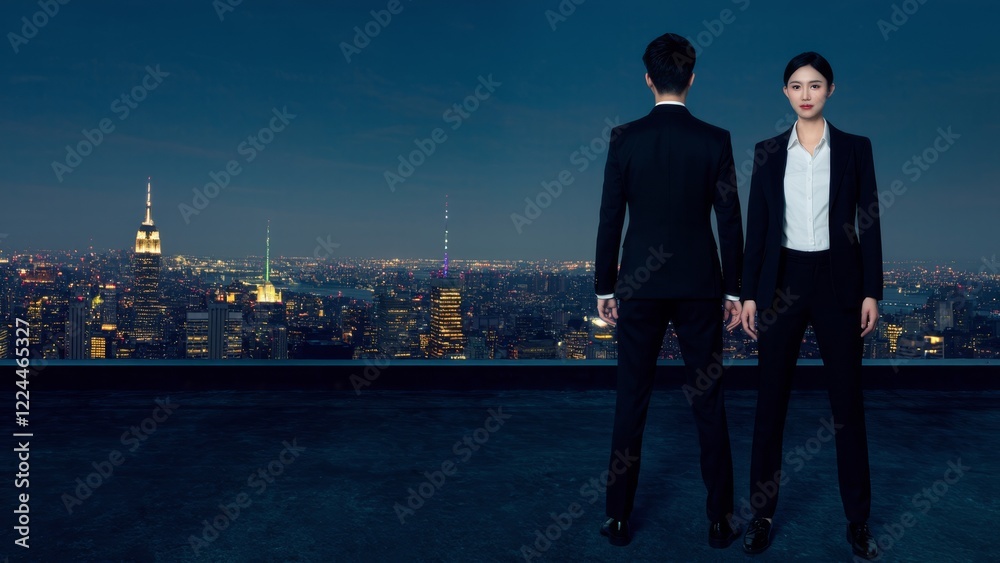 Stylish couple in elegant dark outfits stand on a rooftop at sunset with a blurred cityscape in the background, exuding a romantic, mysterious and luxurious atmosphere. Stylish couple in elegant dark outfits stand on a rooftop at sunset with a blurred cityscape in the background, exuding a romantic, mysterious and luxurious atmosphere.
