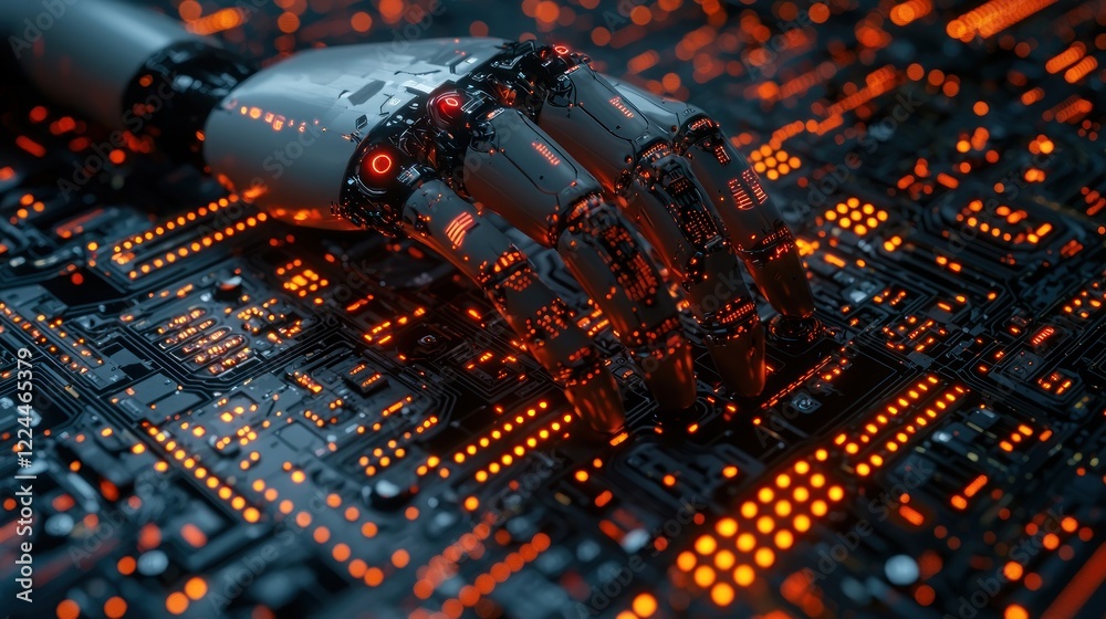 Robotic Hand Interacting with Illuminated Circuit Board: A Futuristic Technological Scene Robotic Hand Interacting with Illuminated Circuit Board: A Futuristic Technological Scene