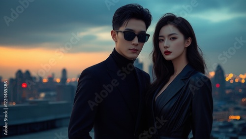 Stylish couple in elegant dark outfits stand on a rooftop at sunset with a blurred cityscape in the background, exuding a romantic, mysterious and luxurious atmosphere.