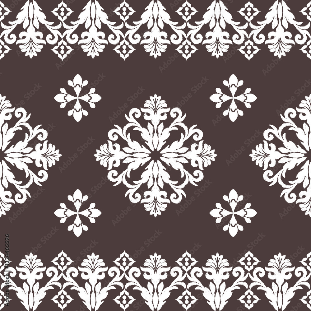 Black and white, ikat embroidery seamless pattern with decorative elements. Vector illustration. Design for elaborate borders and clothing. Black and white, ikat embroidery seamless pattern with decorative elements. Vector illustration. Design for elaborate borders and clothing.