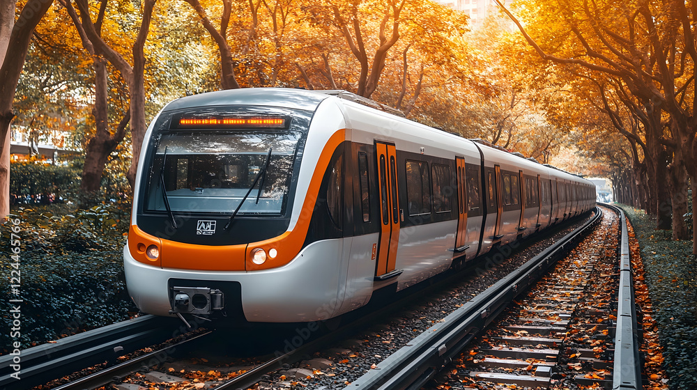 Naklejka premium Autumn Train Journey Modern train travels through autumnal trees