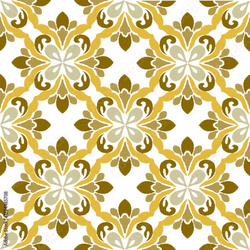 White and brown ikat tribal-style fabric pattern. Ethnic Ikat vector illustration seamless in the style of baroque. Ikat edge decoration, carpet, saree, tiles, and pottery.