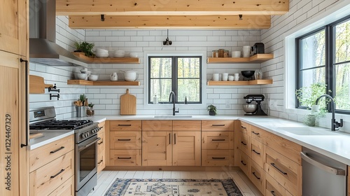 A Scandinavian kitchen with light pine wood cabinets and white tiled walls.