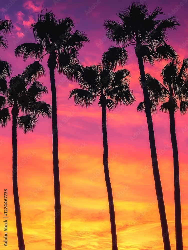 Obraz premium Silhouetted Palm Trees at Vivid Sunset Sky