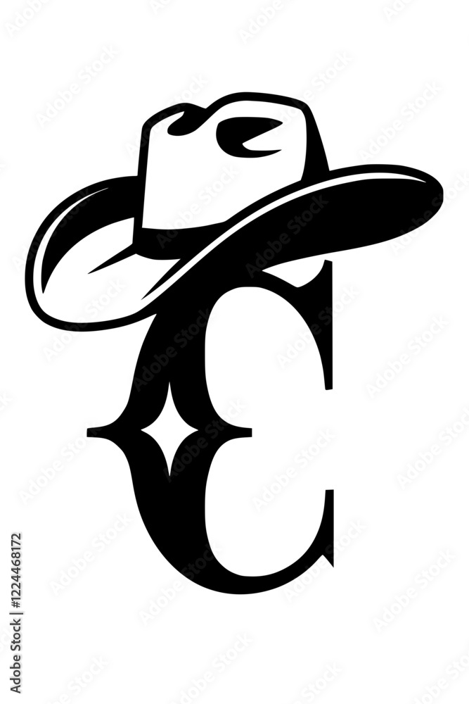 Letter C with Cowboy Hat Western Design , Stylized black and white illustration of the letter Letter C with Cowboy Hat Western Design , Stylized black and white illustration of the letter