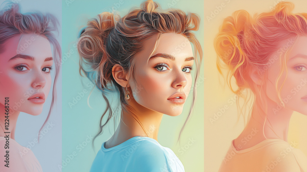 Digital portrait of woman in artistic triptych