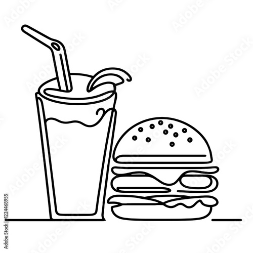 Hamburger and glass of drink, vector, black line drawing, minimalistic, single line, simple line, isolated, transparent background 