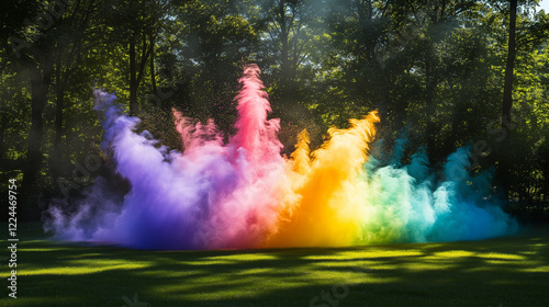 Holi rainbow colors, rainbow colored Holi powder explosion in the air, Bright outdoor setting with sunlight illuminating bright colors, Holi celebration photo