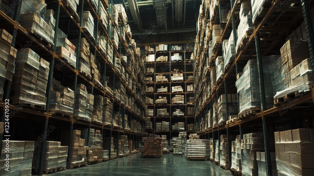 Fototapeta premium Spacious Warehouse Interior With Tall Racking Systems Displaying Stacked Pallets in Business Environment. Interior of a large warehouse features high racking systems filled with neatly stacked pallet