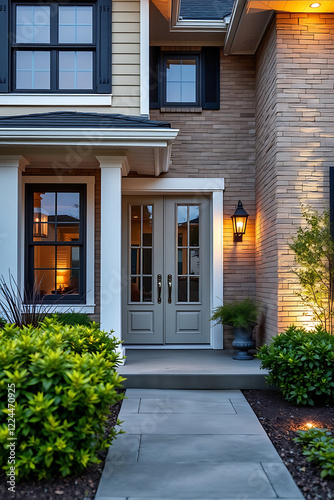 Wallpaper Mural Elegant Brick House Exterior at Night with Well-Lit Entrance and Landscaped Garden Torontodigital.ca