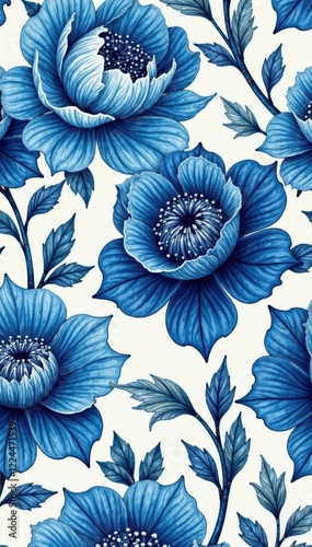 Seamless watercolor blue floral pattern Medieval Delft style, indigo hues Vintage botanical wallpaper , fabric, romantic