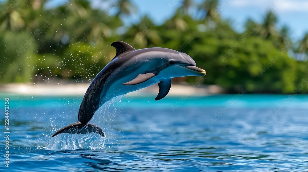 Obraz premium Playful Dolphin Leaping from Ocean Water near Tropical Island Beach