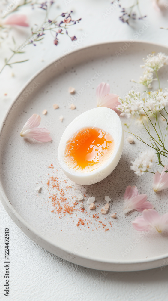 A minimalistic composition featuring a perfectly boiled egg, sliced in half, showcasing a firm yolk indicative A minimalistic composition featuring a perfectly boiled egg, sliced in half, showcasing a firm yolk indicative