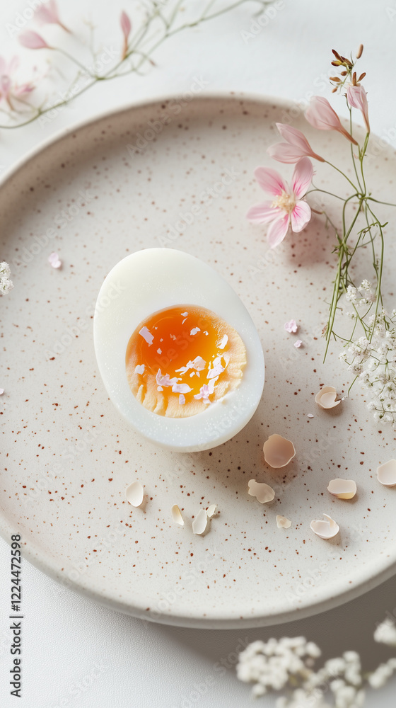 A minimalistic composition featuring a perfectly boiled egg, sliced in half, showcasing a firm yolk indicative A minimalistic composition featuring a perfectly boiled egg, sliced in half, showcasing a firm yolk indicative