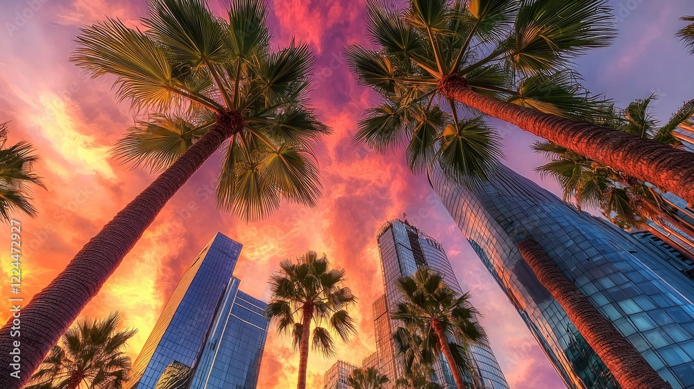 Fototapeta premium Skyscrapers Palm Trees Sunset Cityscape Vibrant Colors