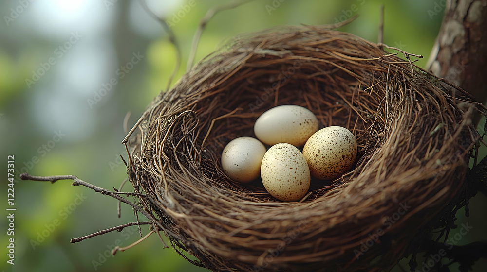 Bird's nest with eggs in tree, springtime nature background, perfect for nature documentaries Bird's nest with eggs in tree, springtime nature background, perfect for nature documentaries