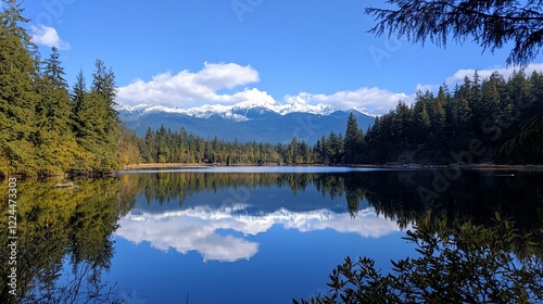 Serene lake reflecting majestic mountains under a clear blue sky with lush greenery surrounding