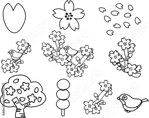 お花見の白黒線画ベクターイラスト   HANAMI