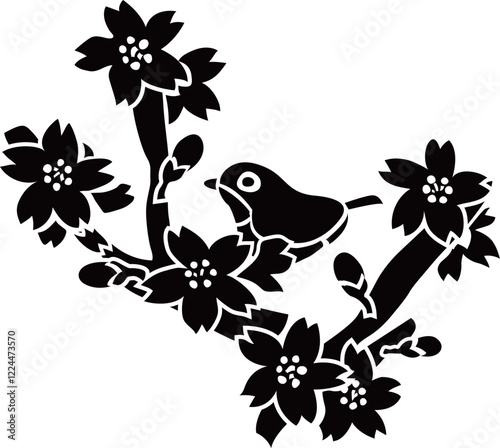 桜の枝とメジロのベクターイラスト