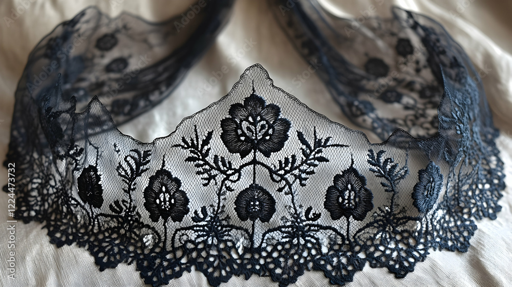 Obraz premium Black floral lace trim on beige fabric background; craft, fashion, textile