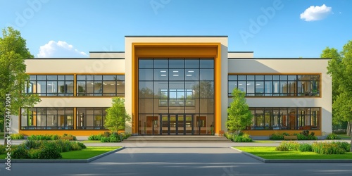 Modern educational building with large glass windows, surrounded by greenery under a bright blue sky, representing contemporary architecture and learning spaces

