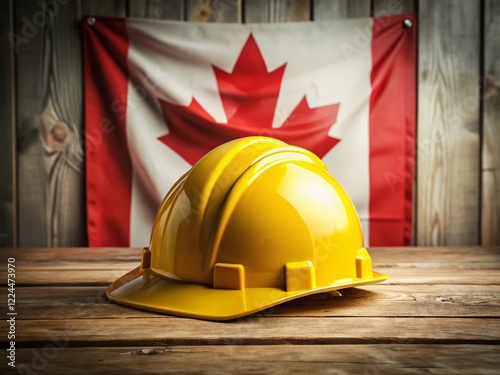 Canadian Labour Day: Yellow Hard Hat on Wooden Table with Flag Background