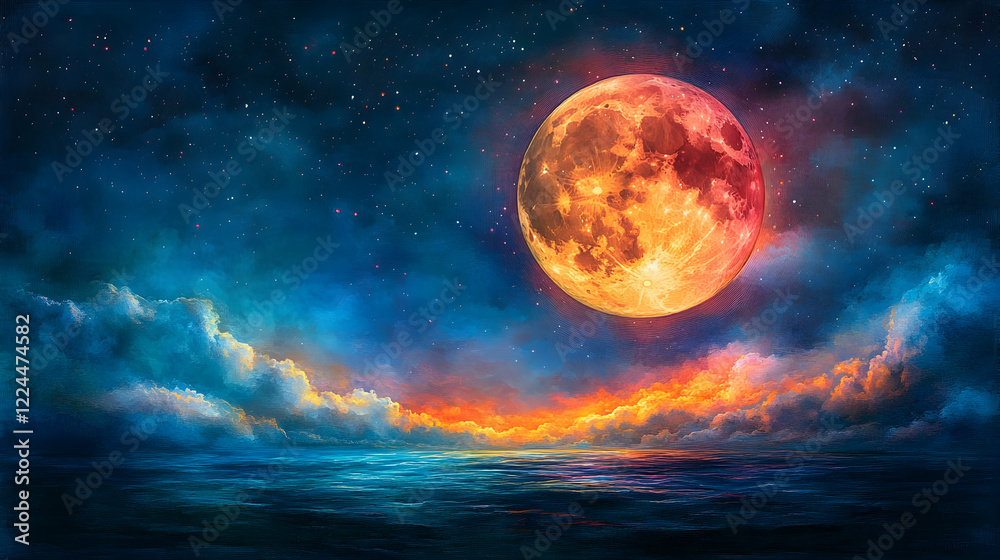Blood moon over ocean at night, fiery clouds, starscape; fantasy art Blood moon over ocean at night, fiery clouds, starscape; fantasy art