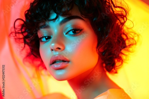 Commercial promotion artwork. Short coiffure - curly hair. Stunning calm mixed-race girl - for ads, boulevard poster and web use. Colored model photography. Advertising beauty portrait.