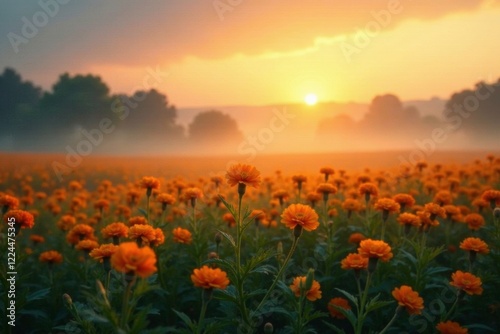 Softly lit marigold field with misty atmosphere, softly lit, sunset