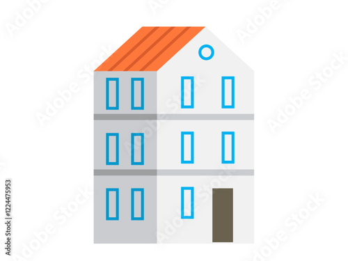 A minimalist design of a three-story building with an orange roof, blue window frames, a round attic window, and a brown door. Ideal for architecture, real estate, city planning, construction, and