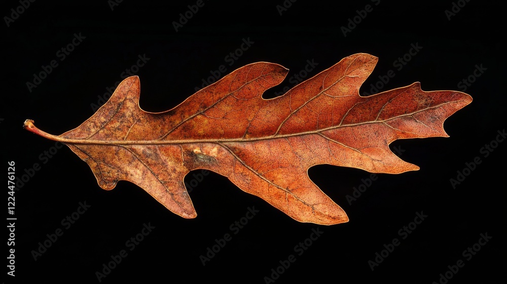 Naklejka premium 59.Detailed view of an autumn oak leaf with warm red and orange tones, highlighting its intricate veins and the natural wear caused by the changing season in Vermont.