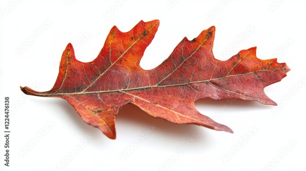 Naklejka premium 59.Detailed view of an autumn oak leaf with warm red and orange tones, highlighting its intricate veins and the natural wear caused by the changing season in Vermont.