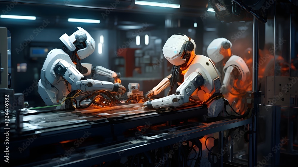 Robotic technicians performing critical maintenance and repair on a futuristic space station showcasing the advanced capabilities of automation and intelligence in aerospace engineering and space Robotic technicians performing critical maintenance and repair on a futuristic space station showcasing the advanced capabilities of automation and intelligence in aerospace engineering and space