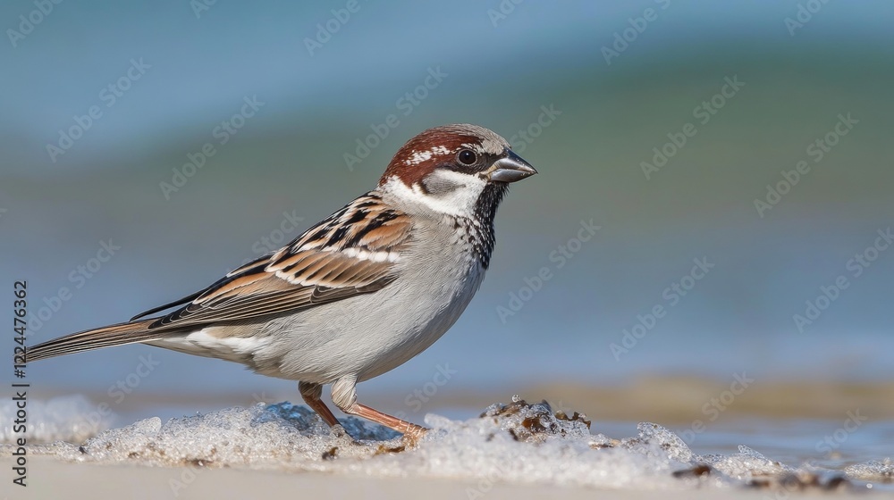 Single sparrow, searching for food on the beach Single sparrow, searching for food on the beach
