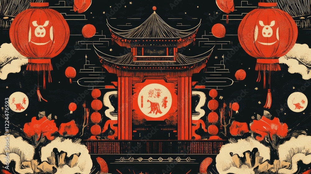 Obraz premium A traditional Chinese New Year poster with a vintage aesthetic, featuring illustrations of lucky symbols like Fu characters, firecrackers, and lanterns
