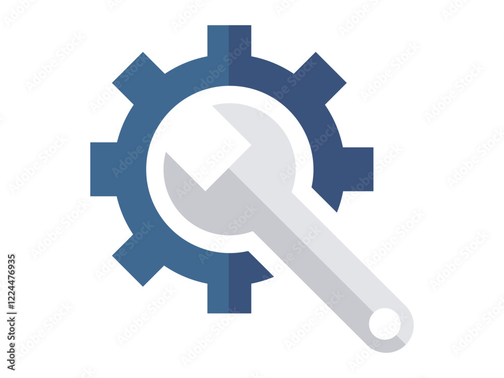 A wrench overlaid on a gear in blues and grays. Represents tools, machinery, and repair. Ideal for technology, engineering, construction, maintenance, and manufacturing. Simple, modern, clean style A wrench overlaid on a gear in blues and grays. Represents tools, machinery, and repair. Ideal for technology, engineering, construction, maintenance, and manufacturing. Simple, modern, clean style