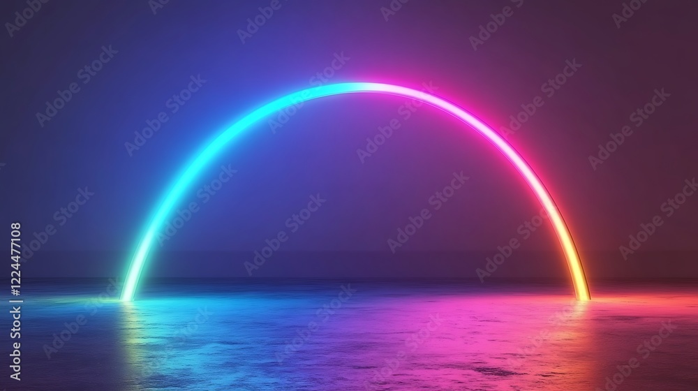 Neon Rainbow Arch Over Reflective Surface Neon Rainbow Arch Over Reflective Surface