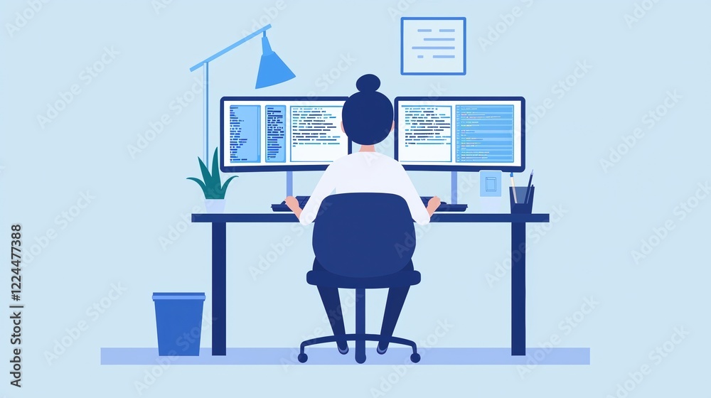 A person seated at a desk with dual monitors, working on a computer in a bright, minimalistic workspace with plants and a desk lamp. A person seated at a desk with dual monitors, working on a computer in a bright, minimalistic workspace with plants and a desk lamp.