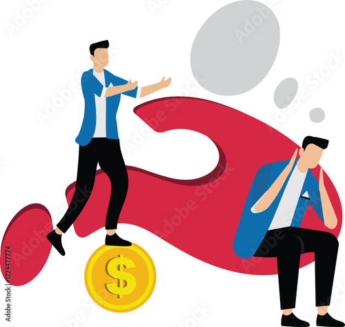 Thinking about money, solving financial problems, analyzing directions and opportunities for investment, businessmen stepping on gold coins and thinking about another businessman sitting on a question