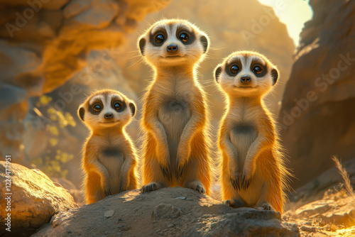 Wallpaper Mural A family of meerkats standing upright on a rock in golden sunlight Torontodigital.ca